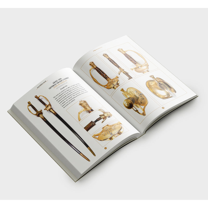 Open book displaying illustrations of swords on a white background