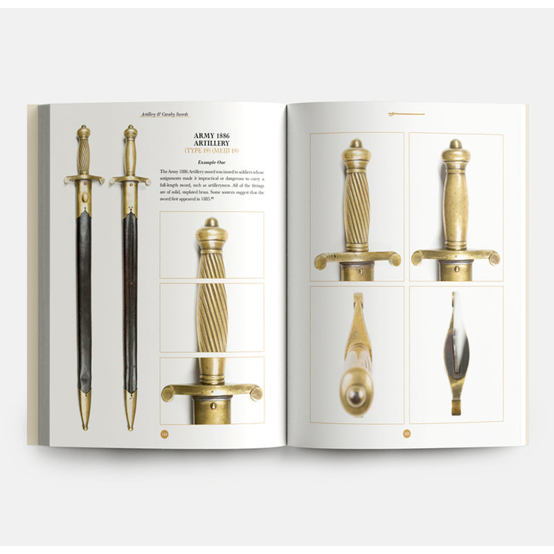 Open book displaying illustrations of swords and artillery pieces on a white background
