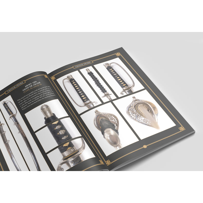 Open book displaying images of swords on a white background
