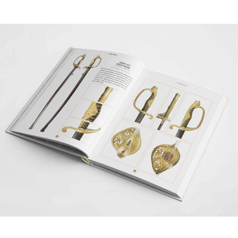 Open book showing illustrations of swords and armor on a white background