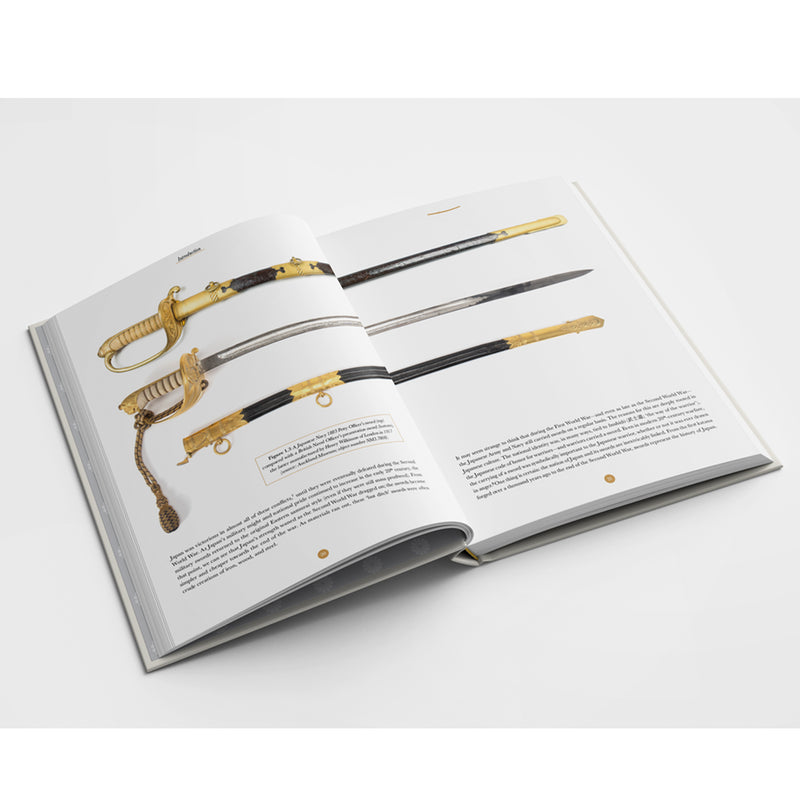 Open book showing images of swords on a white background