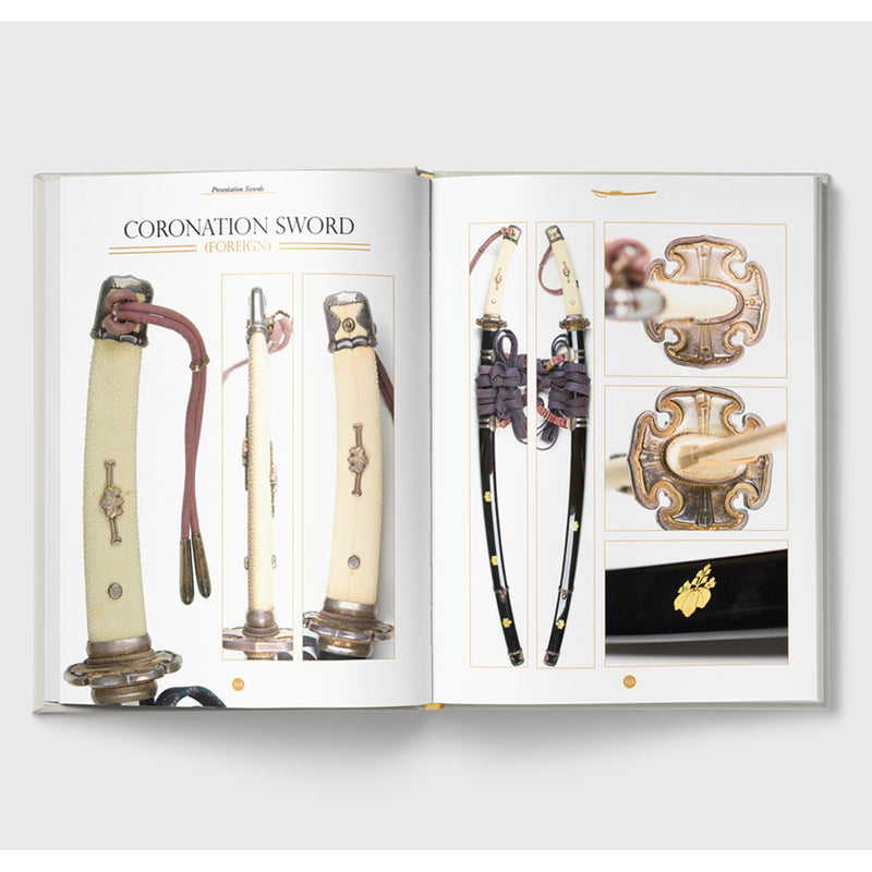 Open book showing illustrations of coronation swords with detailed designs on a white background.
