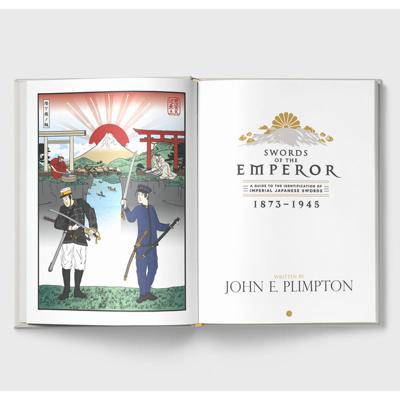 Open book titled 'Swords of the Emperor' with illustrations and text on a white background
