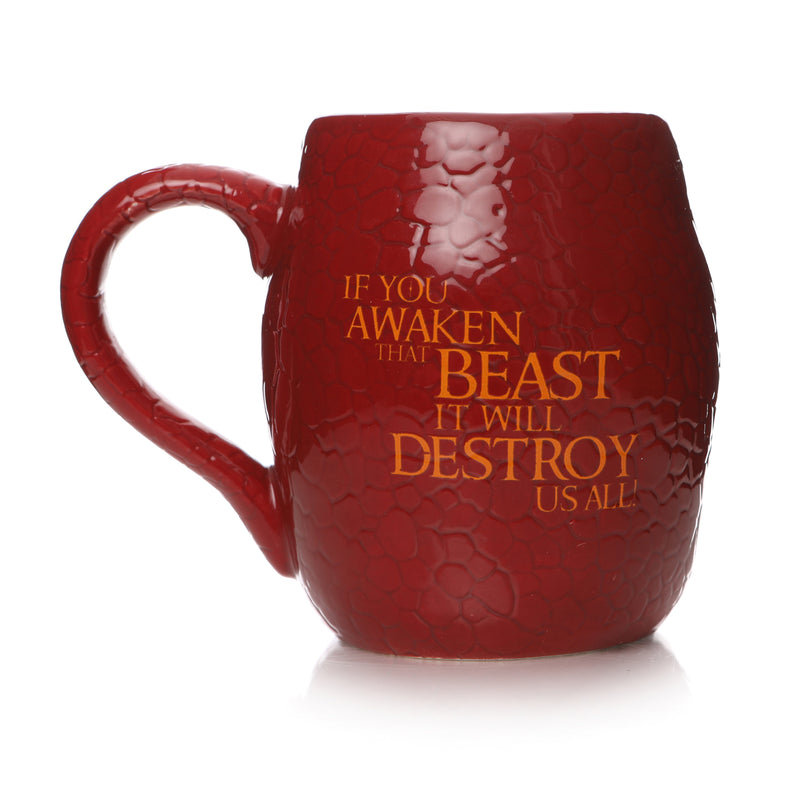 Back view of the red smaug mug. In the centre there is gold text reading 'if you awaken the beast it will destroy us all!'