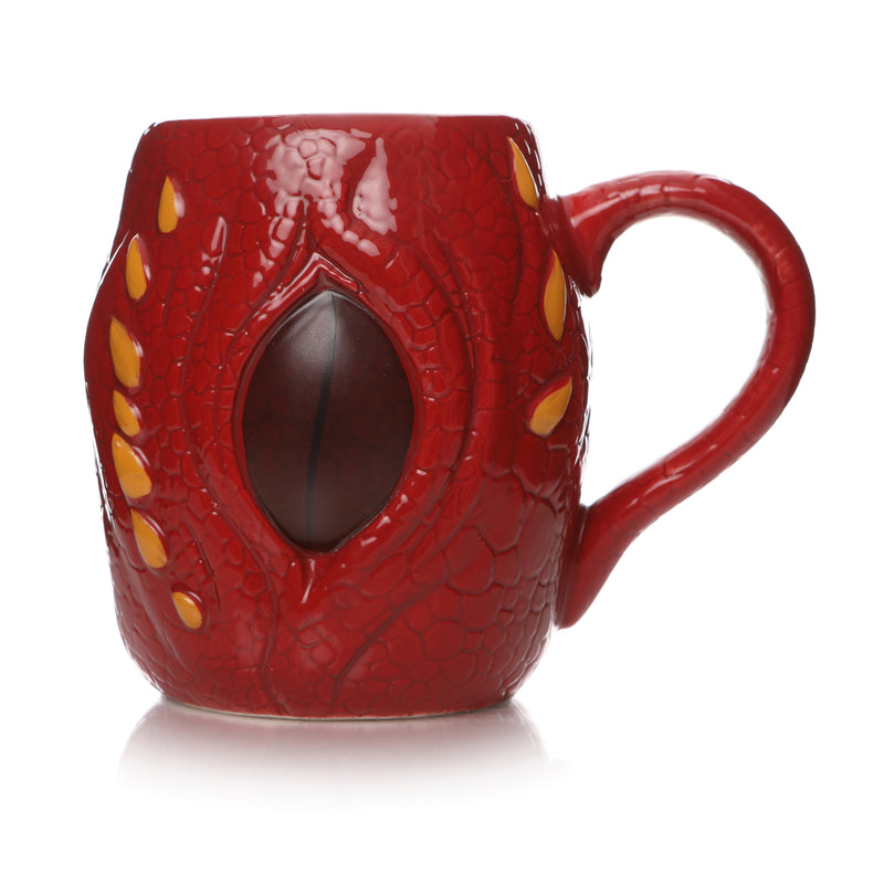 Front view of the red heat reactive smaug mug. The eye detail in the centre is a deep burgundy, looking as though the eye is closed