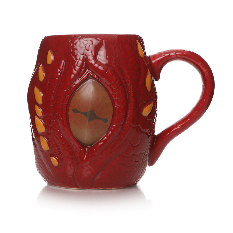 Front view of the red heat reactive smaug mug. The eye detail in the centre is a vivid orange, looking as though the eye is open