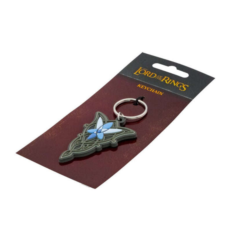 Arwen Evenstar pendant Keychain with 'Lord of the Rings' branding on a red card