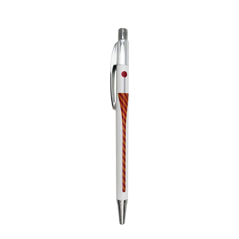 White pen with illustrated red and yellow lance on a white background
