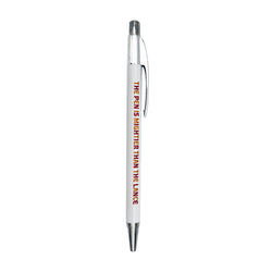 White pen with text reading 'THE PEN IS MIGHTIER THAN THE LANCE' on a white background