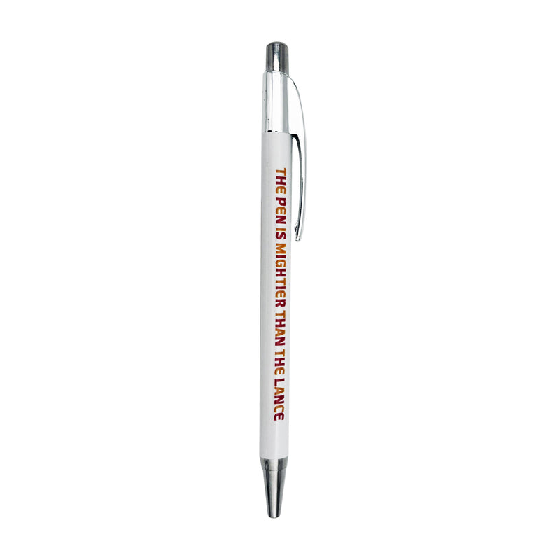 White pen with text reading 'THE PEN IS MIGHTIER THAN THE LANCE' on a white background