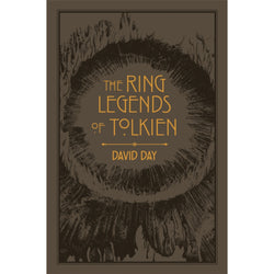 the ring legends of tolkien front cover. Cover is a warm brown with a woodcut style illustration of the one ring