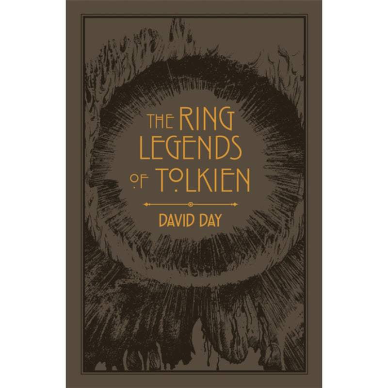 the ring legends of tolkien front cover. Cover is a warm brown with a woodcut style illustration of the one ring
