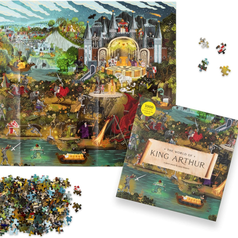 box, poster, and pile of jigsaw pieces from the world of king arthur jigsaw puzzle