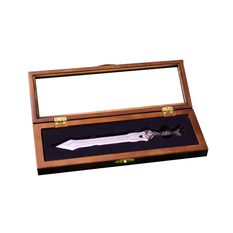Thorin Oakenshield’s regal sword replica letter opener in open wooden display case