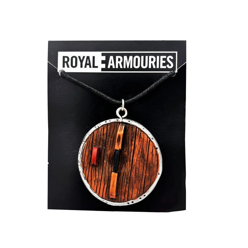 Wooden pendant necklace on a display card with 'Royal Armouries' branding.