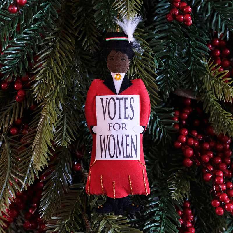 red suffragette with votes for women sign hanging decoration on Christmas tree