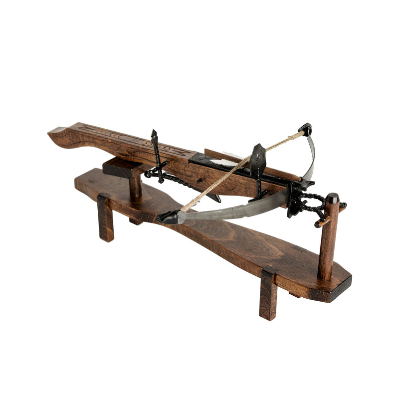 wooden crossbow display stand with crossbow from above