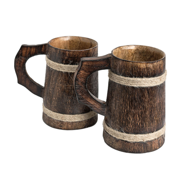 wooden historic style tankard pair facing away from one another