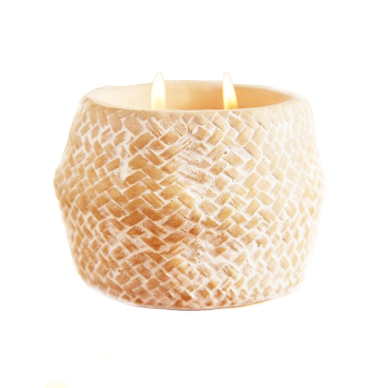stone candle pot in style of woven wicker basket with 2 candle wicks