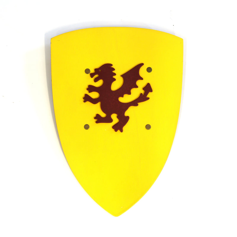 Children's wooden medieval shield in yellow with red dragon emblem front
