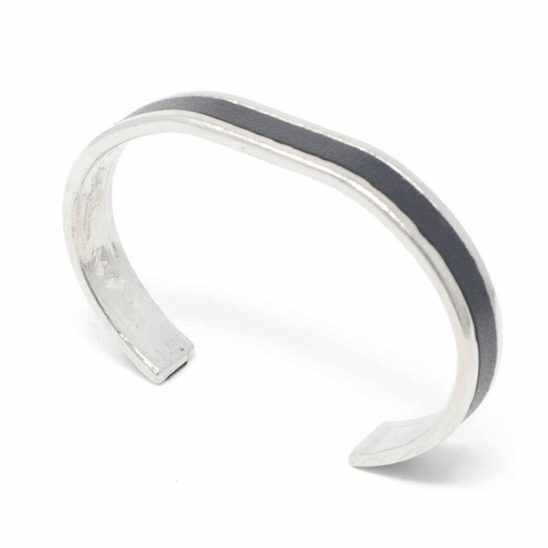 Straight End Pewter Bangle with Black Leather Inlay side view right