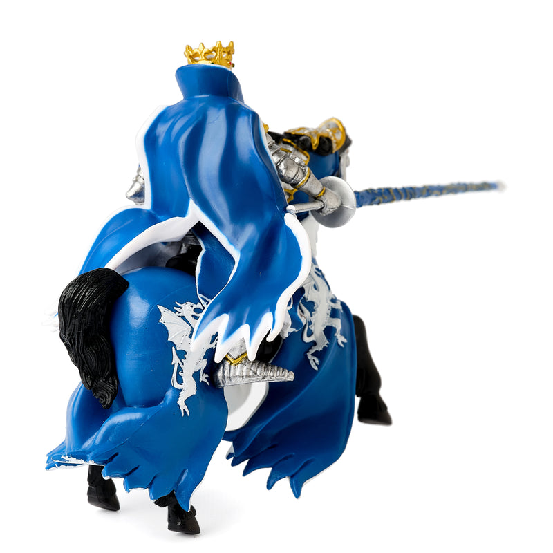 Papo: Blue, White and Gold Dragon King with lance mounted on horse back right side 