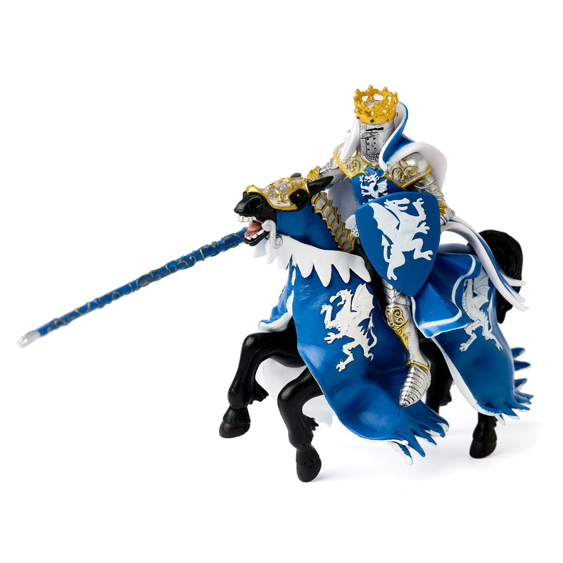 Papo: Blue, White and Gold Dragon King with lance mounted on horse front left side