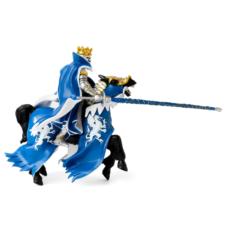 Papo: Blue, White and Gold Dragon King with lance mounted on horse right side profile