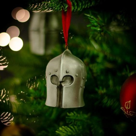 Barbute Bauble decoration Christmas helmet hanging from a tree
