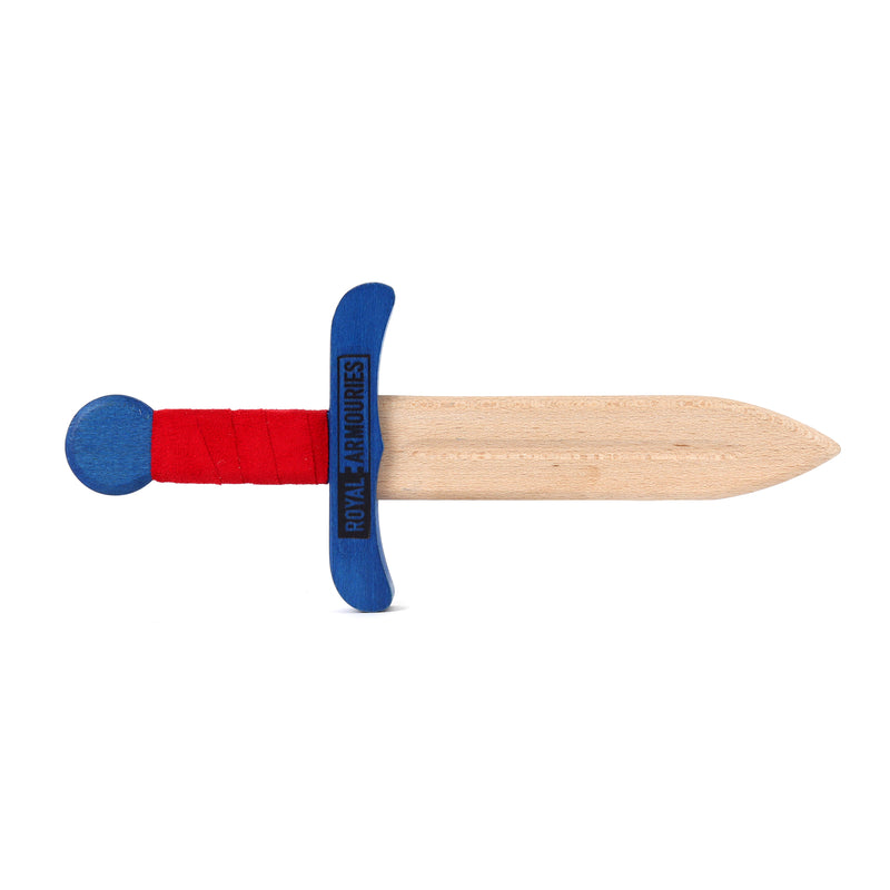 Wooden dagger blue and red unsheathed logo side