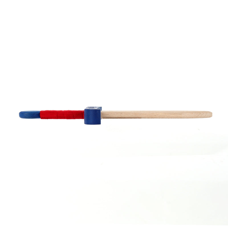 Wooden dagger blue and red unsheathed view of edge