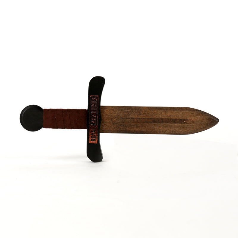 Wooden Dagger rustic dark brown unsheathed logo side