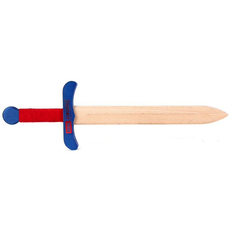 Colourful wooden sword Blue and Red unsheathed logo side