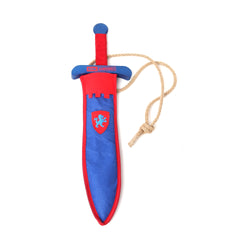 Colourful wooden sword with scabbard Blue and Red sheathed