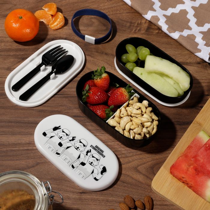 Stormtrooper Stacked Bento Box Lunch Box with Fork & Spoon open with food inside laid out on a table