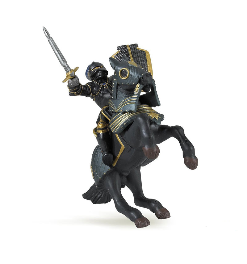 Black Papo horse figure with gold and black armour rearing up with knight holding a sword 