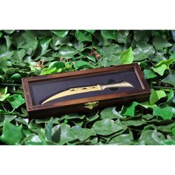 Tauriel’s dagger replica letter opener in wooden display case on a bed of ivy
