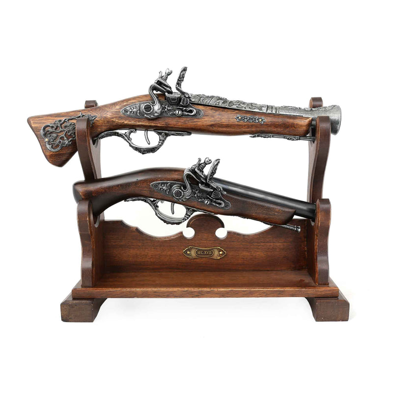 Wooden 2 pistol display stand with pistols displayed